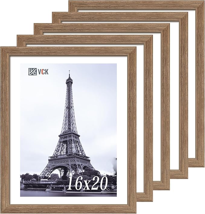 VCK 16x20 Picture Frames for Wall 5 Pack, Brown Walnut Wood Poster Frame, Exclusive Wood Grain, Wall Mounting Hanging