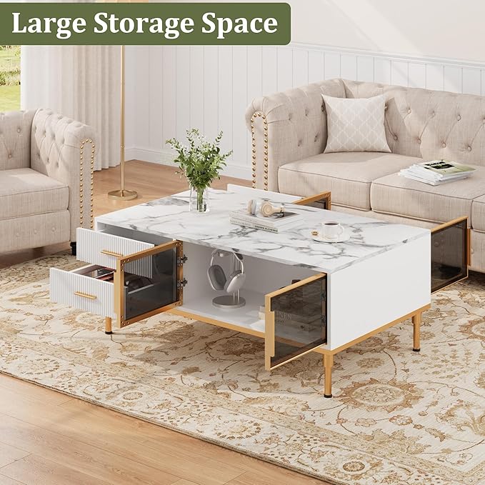 Coffee Table, White Center Table for Living Room, Modern Large Coffee Tables with Storage 4 Drawers & 2 Glass Door Storage, Faux Marble Top, Gold Metal Leg, Hidden Compartment for Reception Room
