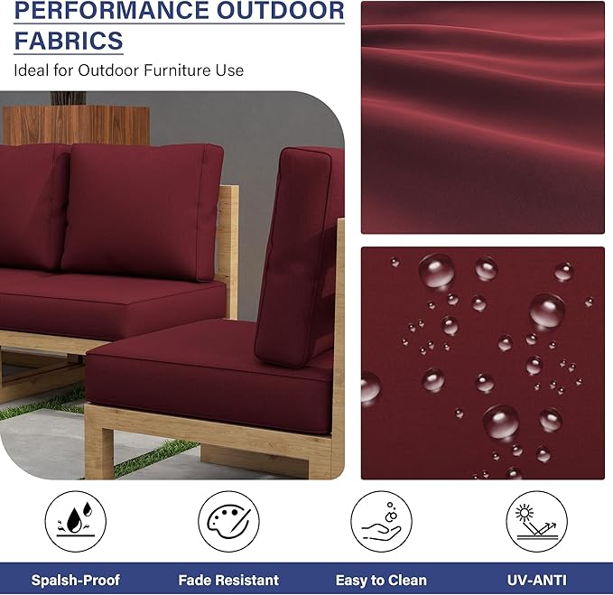 UIXE 24.5" Deep Seat Outdoor Cushion Set with Back Pillows, Patio Furniture Cushions, Sectional Sofa Bistro Chair Cushion - Red, Set of 2