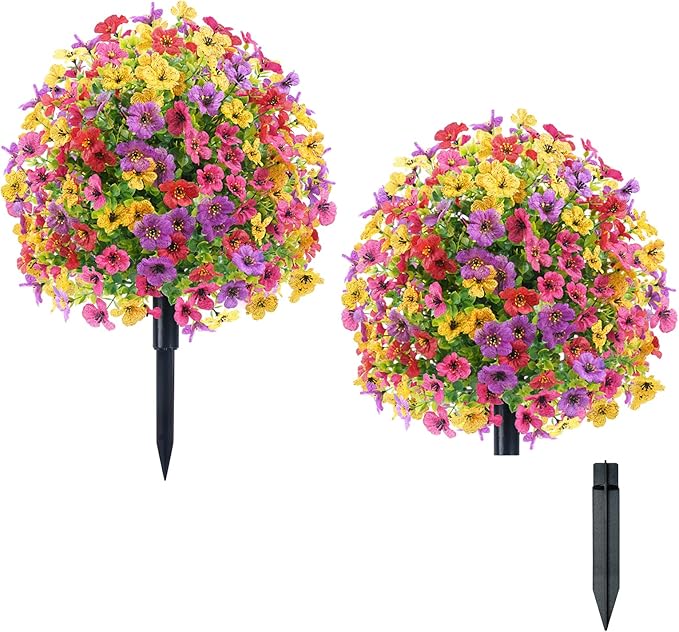 23.6'' Artificial Shrubs for Outdoors with Ground Spike, Realistic UV Resistant Artificial Outdoor Plants for Wedding, Birthday, Parties, Home Celebrations (2 Pcs Mixed)