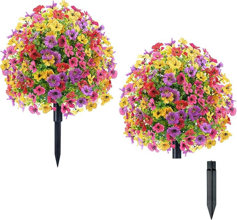23.6'' Artificial Shrubs for Outdoors with Ground Spike, Realistic UV Resistant Artificial Outdoor Plants for Wedding, Birthday, Parties, Home Celebrations (2 Pcs Mixed)
