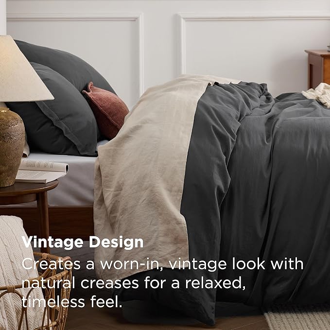 Bedsure 100% Stone Washed Cotton Duvet Cover King - Charcoal Minimalist Cotton Duvet Cover Linen Like for All Seasons - GentleSoft™ Plain Simple Bedding, 3 Pieces (Charcoal, King, 104"x90")