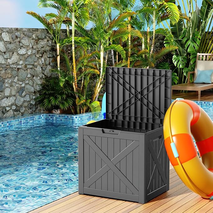 32 Gallon Deck Box,Resin Outdoor Storage Box with Lockable for Patio Furniture, Pool Accessories, Garden Tools, Waterproof Outside Storage Box, Black