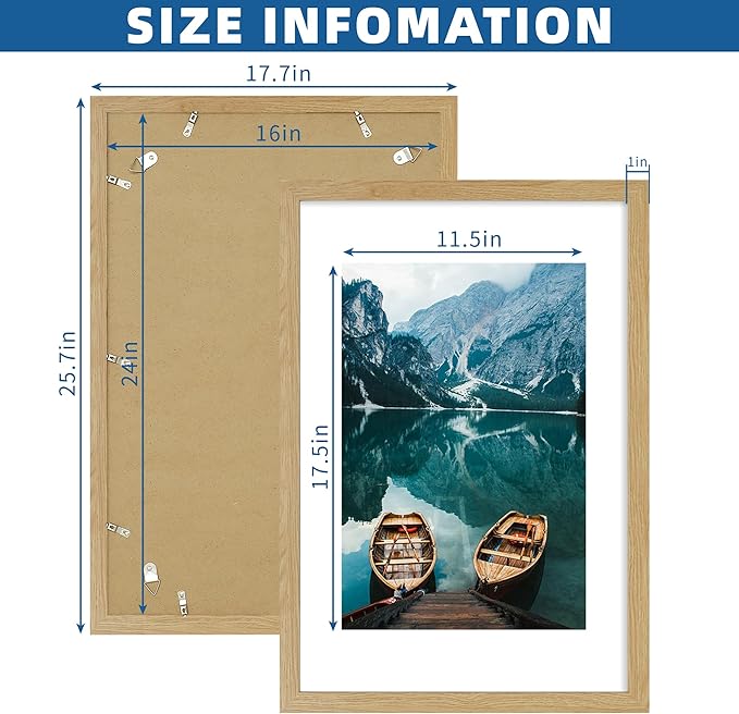 16x24 Frame Set of 2, Natural Oak Wood Style - Display 16 x 24 Picture without Mat or 12x18 Picture with Mat, Wall Mounting Horizontal and Vertical
