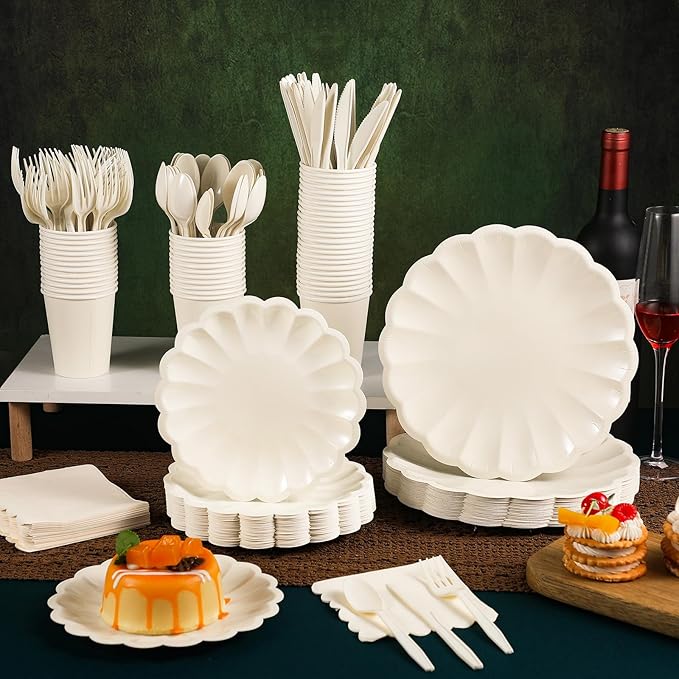 Newtay 350 Pcs Scalloped Paper Plates Shell Edge Disposable Tableware Cocktail Napkins Cups Plastic Spoons Forks Knives for Wedding Baby Shower Picnic Birthday Party Supply for 50 Guests (Cream White)