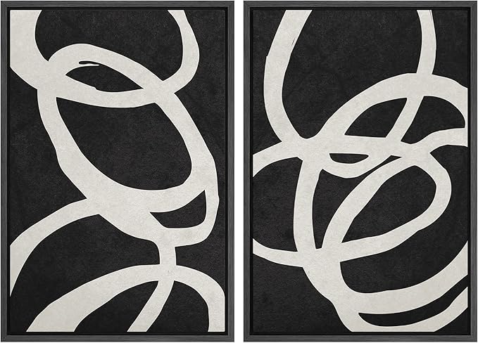 MUDECOR Framed Canvas Print Wall Art Set Black White Spiral Ring Circle Collage Abstract Shapes Illustrations Modern Art Decorative Contemporary for Living Room, Bedroom, Office - 24"x36"x2 Black