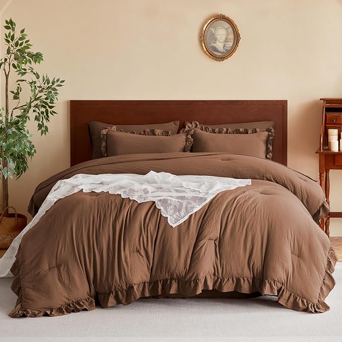 MR&HM Full Ruffle Comforter Set Mocha Mousse, Farmhouse Shabby Chic Bedding Set, Boho Bed in a Bag Set 7 Pieces with 1 Comforter, 1 Flat Sheet, 1 Fitted Sheet, 2 Pillowcases & 2 Pillow Shams