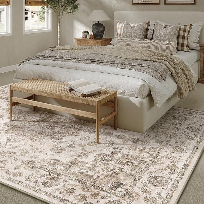 10x12 Neutral Area Rug Brown Floral Living Room Bedroom Large Carpet Non-Slip Low Pile Vintage Soft Thin Washable Throw Rug for Dining Room Office Kitchen Indoor Nursery