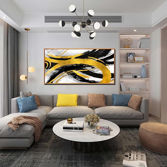 Abstract Wall Decor for Living Room - Modern Black and Gold Wall Art for Office - Large Framed Wall Art Size 29" x 59"