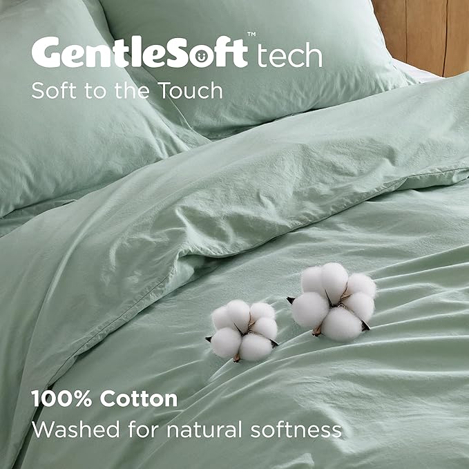 Bedsure 100% Washed Cotton Duvet Cover King Size - Sage Green Minimalist Cotton Duvet Cover Linen Like for All Seasons - GentleSoft™ Plain Simple Bedding, 3 Pieces (Sage Green, King, 104"x90")