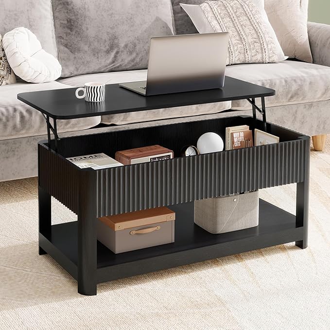 Lift Top Coffee Table with Storage, Mid Century Modern Coffee Table with Hidden Compartment, Fluted Wood Center Table for Small Space, Living Room, Home Office(Black)