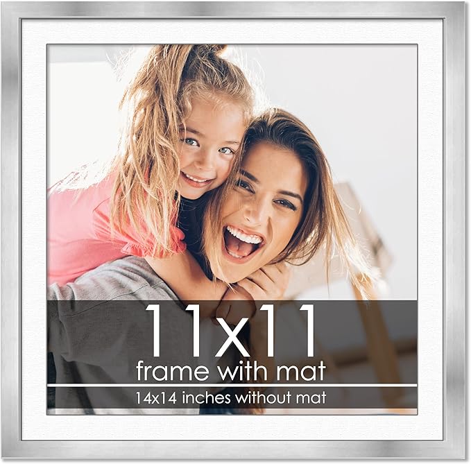 11x11 Frame with Mat - Silver 14x14 Frame Wood Made to Display Print or Poster Measuring 11 x 11 Inches with White Photo Mat