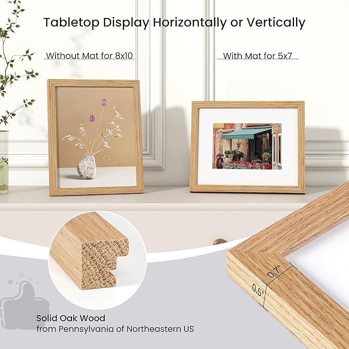 Axeman Solid Oak Wood Frame 8x10 With Mat - Plexiglass & Hanging Hardware Included - Wall & Tabletop Display - Natural