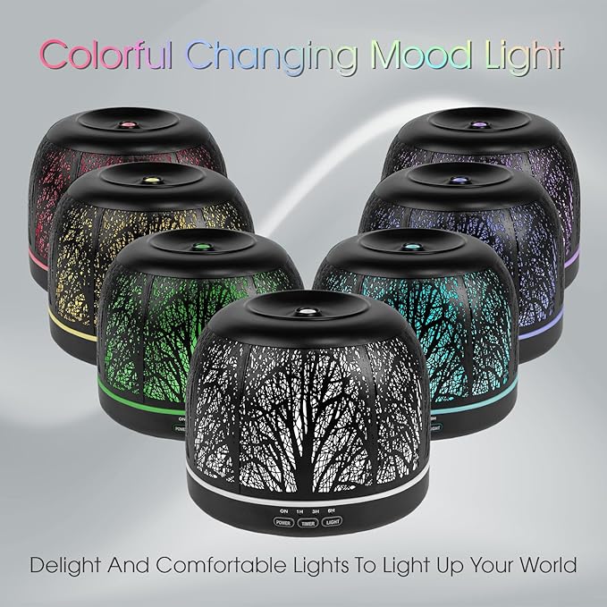 500ml Essential Oil Diffuser, ARVIDSSON Metal Diffusers for Essential Oils, Aromatherapy Diffuser for Large Room, Color Mood Light & Mist Timer Setting, Gift for Women - Black Tree