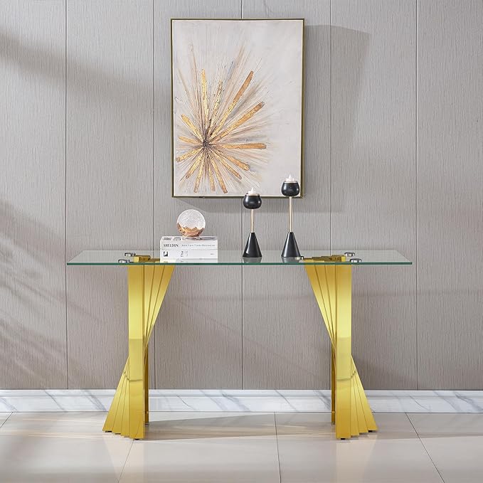 Glass 4 Piece Living Room Table Sets,4-Piece Table Set Includes 1 Glass Coffee Table and 1 Console Table and 2 End Tables with Stainless Steel Frame,Modern Coffee Table Set of 4 for Living Room