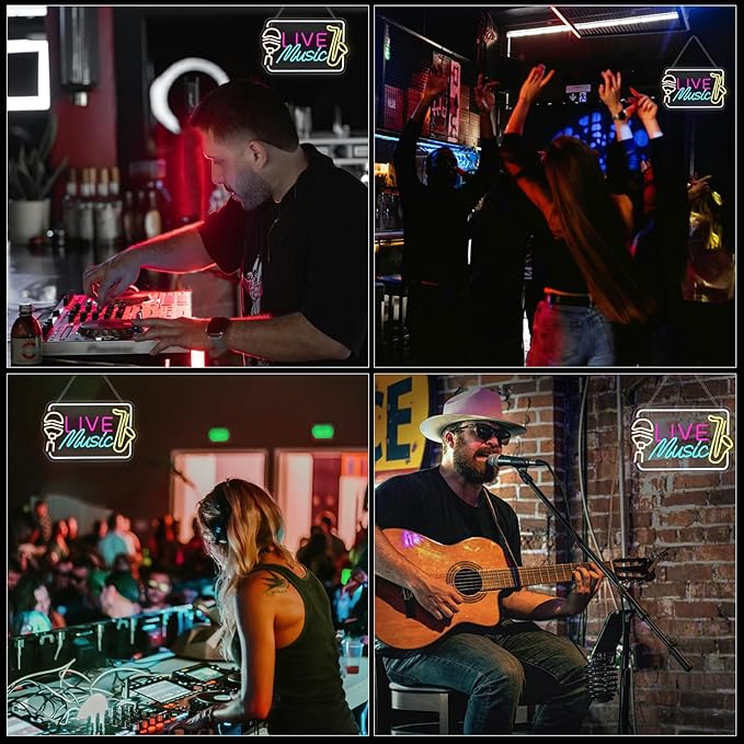 Horseneon Live Music Neon Sign Bright LED Wall Decoration for Music Venues, Bars, Clubs or Homes, USB Power Adjustable Brightness, Classic Song Theme Decoration