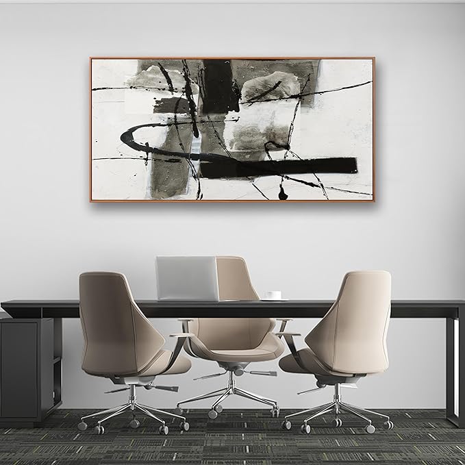 Modern Maximalist Abstract Wall Art - Black and White Irregular Graffiti Framed Canvas Decor for Living Room, Bedroom, Office - 20"x40"