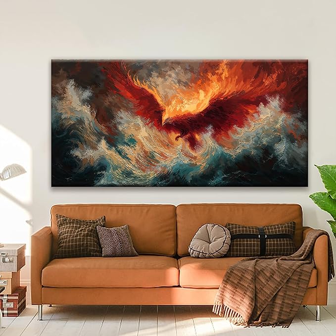 Large Wall Art Living Room Decor Red Retro Fire Phoenix Artwork Ready To Hang Room Wall Decor Abstract Wall Art For Bedroom Kitchen Office Modern Canvas Prints 29x58 Inch