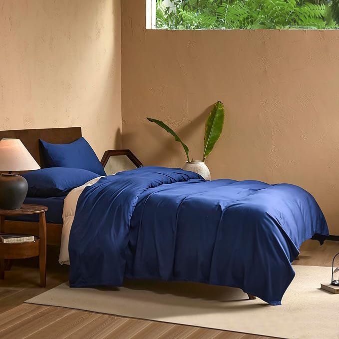 EVERLY Queen Sheets Set,Luxuriously 400 Thread Count Organic Viscose Derived from Bamboo Bed Sheet,Cooling Sheets for Queen Size 4 Piece Deep Pockets Bedding Sheets &Pillowcases-Navy Blue