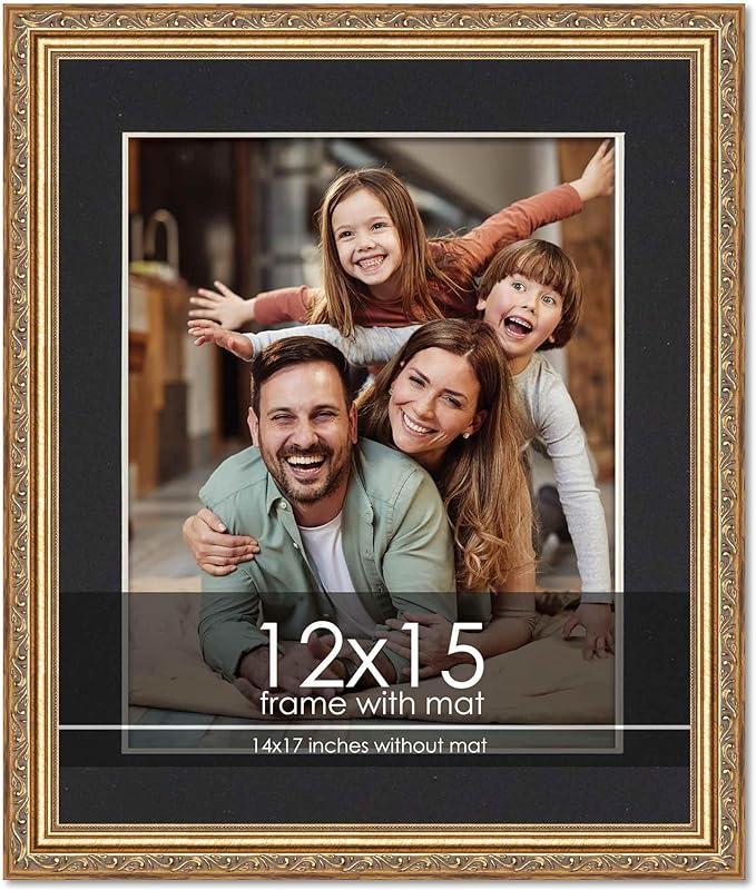 12x15 Frame with Mat - Antique Gold 14x17 Frame Wood Made to Display Print or Poster Measuring 12 x 15 Inches with Black Photo Mat
