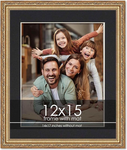 12x15 Frame with Mat - Antique Gold 14x17 Frame Wood Made to Display Print or Poster Measuring 12 x 15 Inches with Black Photo Mat