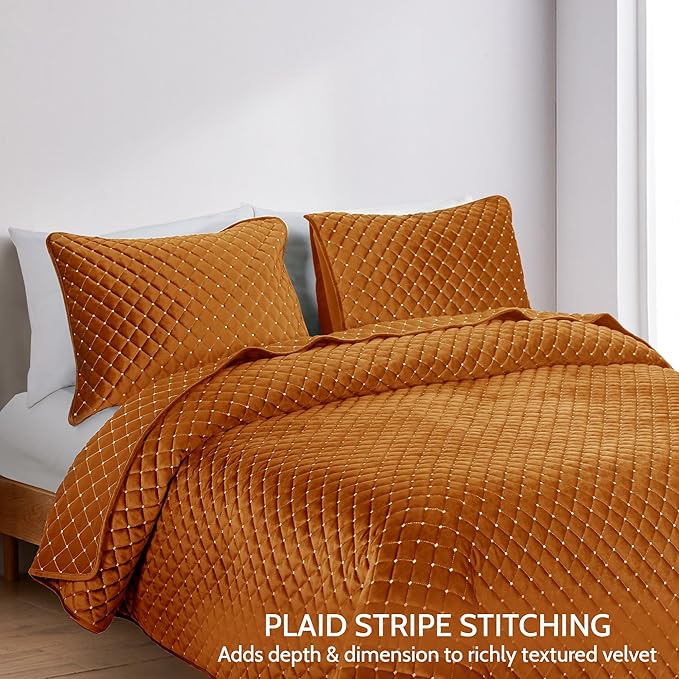 Velvet Quilt King Size, Luxury Reversible Coverlet Bedspread with Plaid Quilting for All Seasons, Lightweight King Size Quilt Bedding Set with Pillow Shams, Tangerine