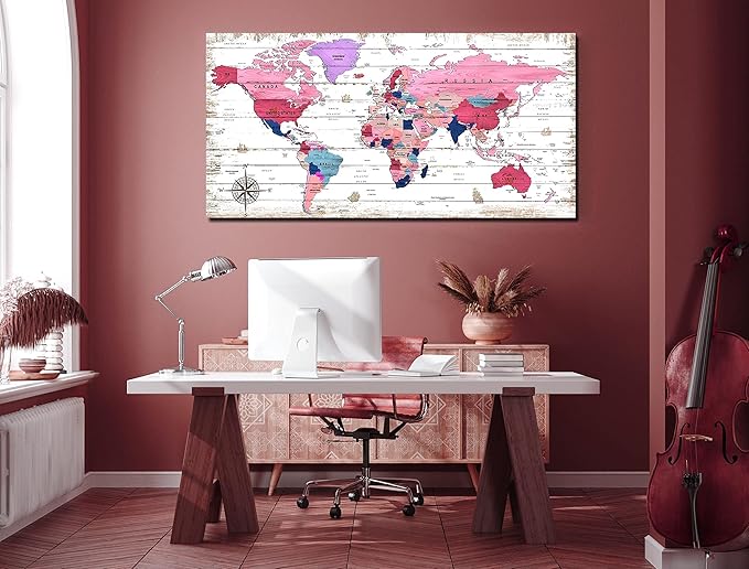 ZHAOSHOP Large World Map Canvas Wall-Art - Wall Decor for Girls Bedroom - Pink Pictures Wall Decor Ready to Hang Size 59" x 29"