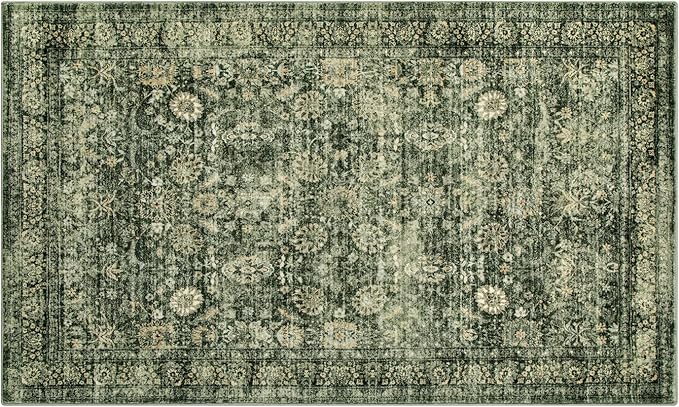 Morebes Vintage Throw Rugs, Boho 3x5 Washable Rug Non Slip,Soft Area Rug for Bedroom,Distressed Non-Shedding Floral Rug for Entryway Kitchen Foyer Bedside Playroom, Grayish Green