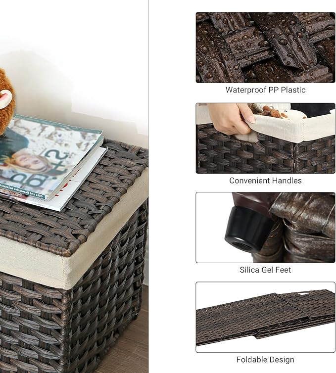 SONGMICS Storage Basket with Lid, 17.2 Gallon (65L) Storage Bin, Woven Blanket Storage Basket with Handles, Foldable, Removable Liner, Metal Frame, for Bedroom, Laundry Room, Brown URST56BR