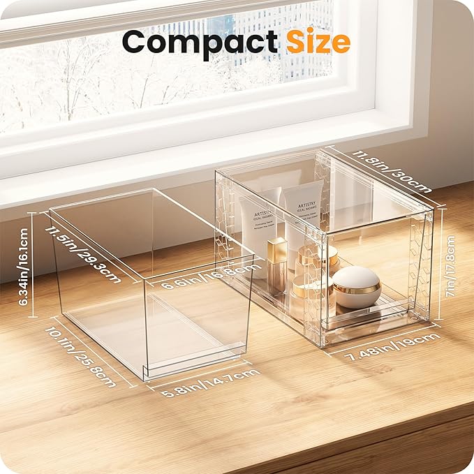 A-LuGei 【𝟰𝗣𝗖𝗦】 Acrylic Stackable Storage Drawers, 11.8" L Makeup Organizer, Bathroom Organizer and Storage, Plastic Storage Bins for Kitchen Cabinet Pantry Medicine Fridge