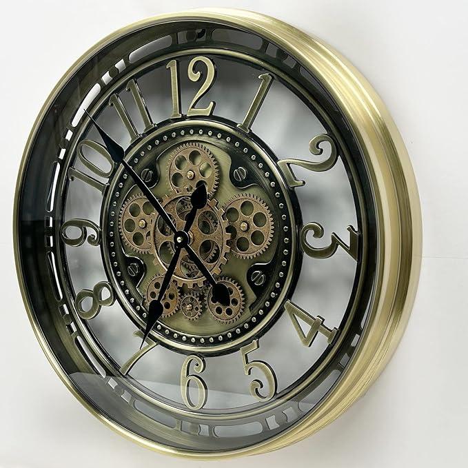 Real Moving Gears Wall Clock Large Modern Metal Clocks for Living Room Decor, Industrial Steampunk Unique Vintage Rustic Decorative Clock for Home Farmhouse Office, 30 Inch,Bronze Gold Arabic