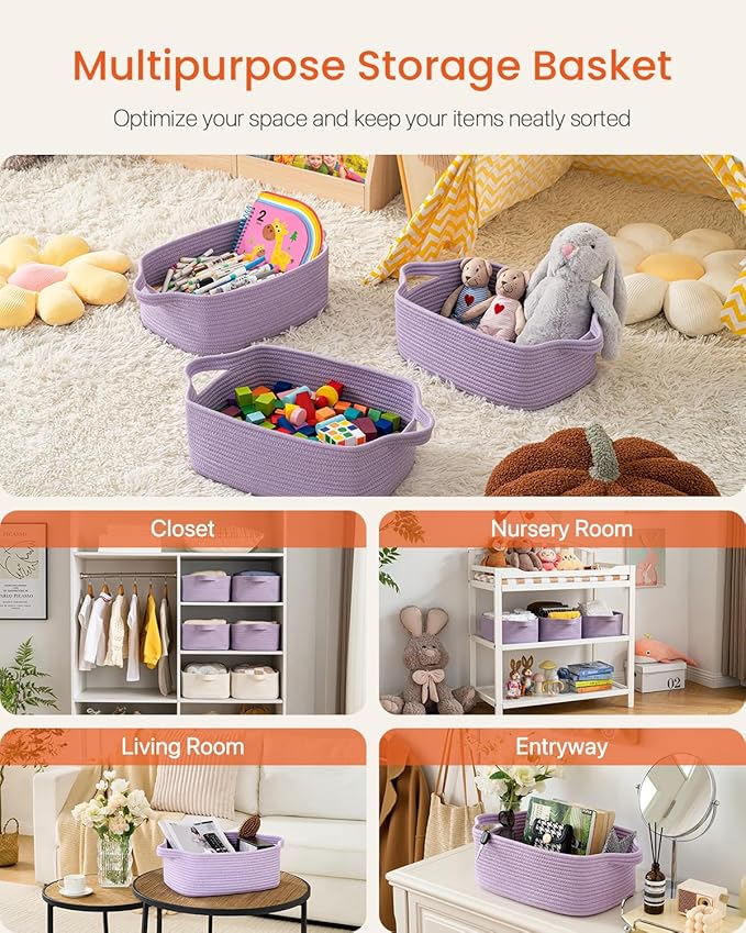 KALLAX Small Woven Basket, 14 x 10 x 5.6 Inches, Small Storage Baskets for Organizing, Gift Baskets Empty, Cute Rope Shelf Closet Storage Bins for Shelves, Dog Toy Basket, Purple