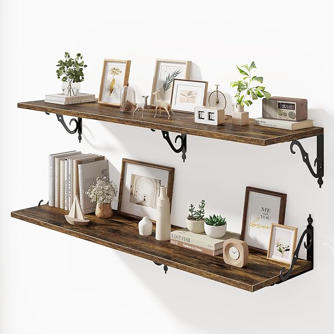 Fun Memories Large Floating Shelves for Wall 48 Inches Long, 12 Inch Deep Shelves with Metal Bracket, 48 Inch Floating Shelves Wall-Mounted, Wide Display & Storage Bookshelves, Rustic Brown, Set of 2