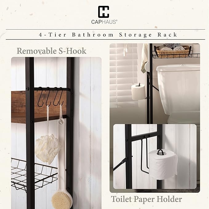 CAPHAUS Over The Toilet Storage, 4-Tier Bathroom Organizer, Freestanding Toilet Shelf, Multifunctional Space Saver Toilet Rack with 4 Hooks, Laundry Organizer, Plant Stand for Balcony (Rustic Oak)