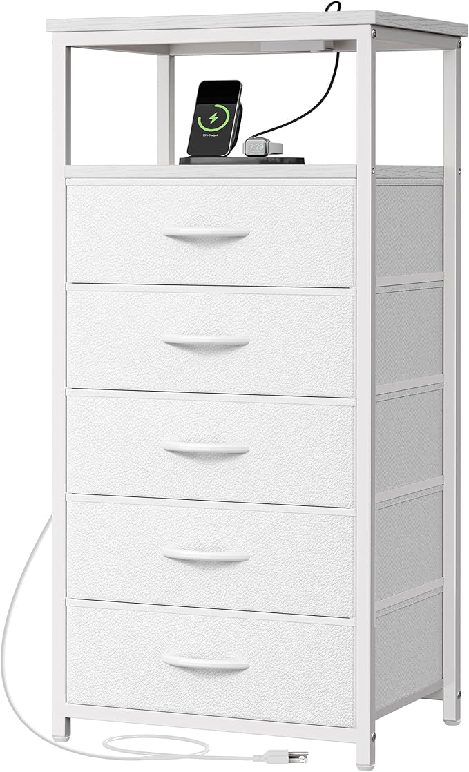 Huuger White Dresser with 5 Drawers & Charging Station, Tall Dresser for Bedroom, Tall Night Stand with PU Leather Finish, Open Shelf, Nightstand for Bedroom, Closet, Hallway, Entryway