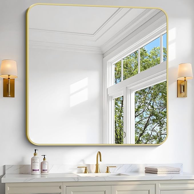 Gold Bathroom Mirror, 42x42 Inch Metal Framed Square Mirror, Rounded Corner Gold Vanity Mirror, Large Wall Mounted Mirrors for Living Room Bedroom Entryway Hangs Horizontal or Vertical