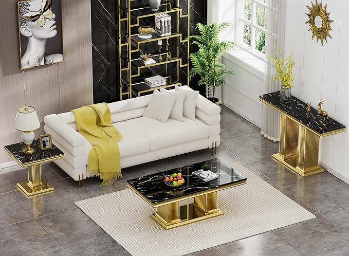 SSLine Rectangular Faux Marble Coffee Table for Living Room Modern Luxury Black Marble Center Table with Gold Pedestal Base 46.8" Mid-Century Cocktail Table with Mirrored Stainless Steel Frame