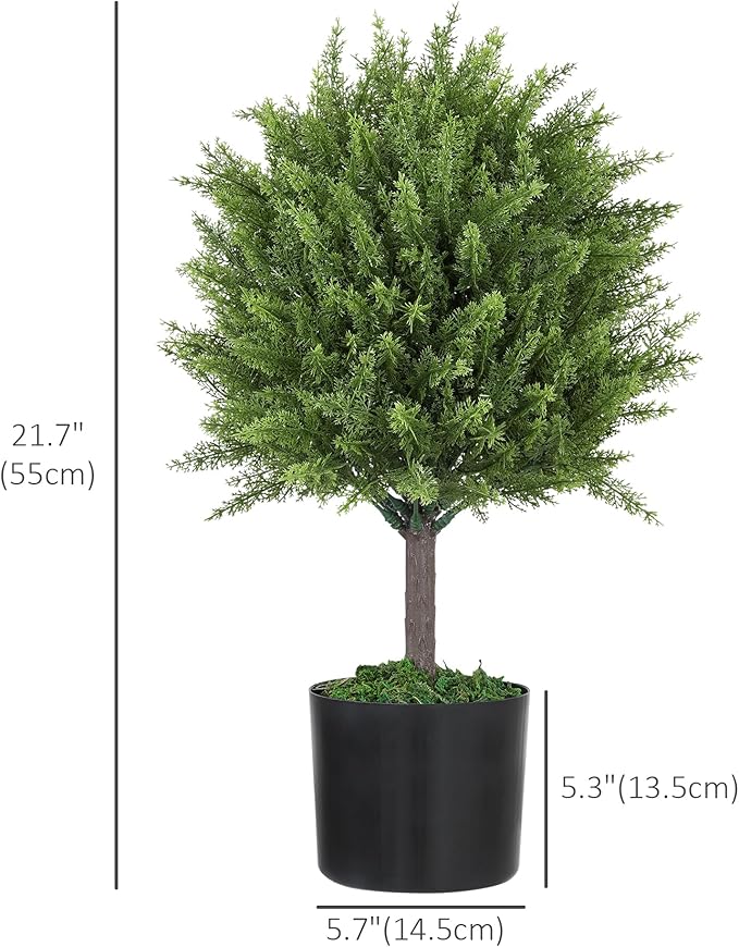 HOMCOM Artificial Plants Set of 2 Decorative Cedar Topiary Trees in Pots, Fake Plants for Home Indoor Outdoor Front Porch, 21.7 inch, Green