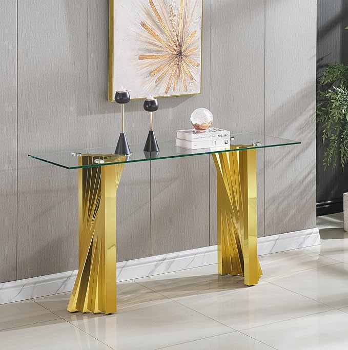 Glass 3 Piece Living Room Table Sets,3-Piece Table Set Includes 1 Console Coffee Table and 2 End Tables with Stainless Steel Frame,Modern Coffee Table Set of 3 for Living Room (Gold)