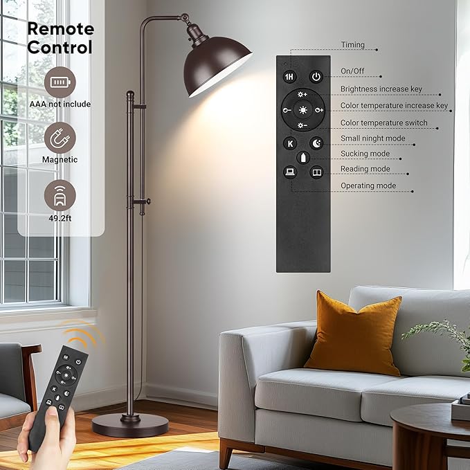 PARTPHONER Industrial Floor Lamp Adjustable, Rustic Farmhouse Reading Lamp in Aged Brown Finish Modern Standing Lamp with Remote Control Metal Shade for Living Room Bedroom Study Room Office Hotel