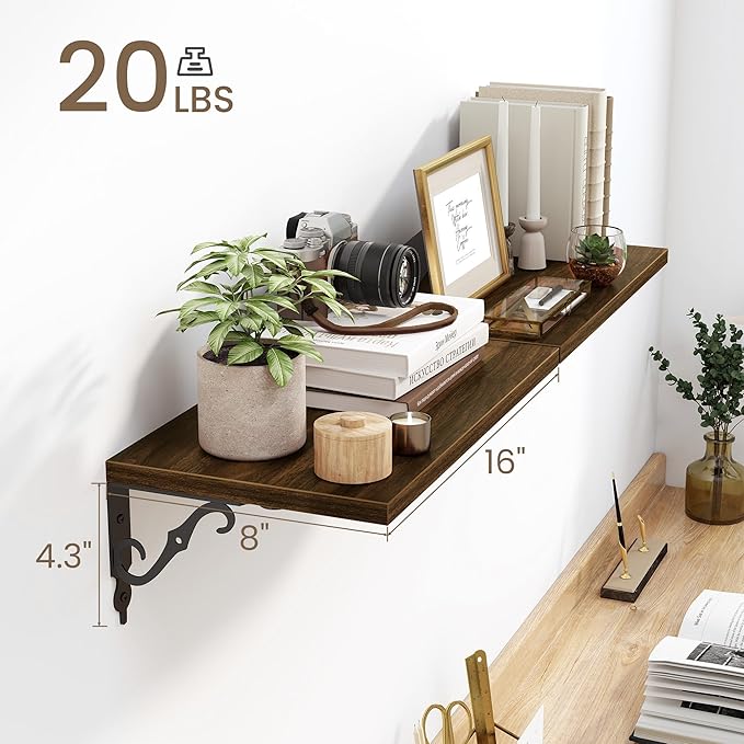16 Inch Deep Floating Shelves for Wall, 8 Inch Deep Floating Shelf with Bracket, Wall Shelves 16 Inches Long, Wide Display & Storage Shelves for Living Room, Bathroom, Bedroom, Walnut, Set of 2