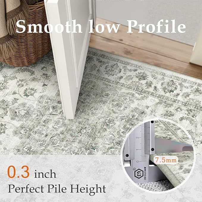 10x12 Neutral Area Rug Green Floral Living Room Bedroom Large Carpet Low Pile Vintage Non-Slip Soft Thin Washable Throw Rug for Dining Room Office Kitchen Indoor Nursery