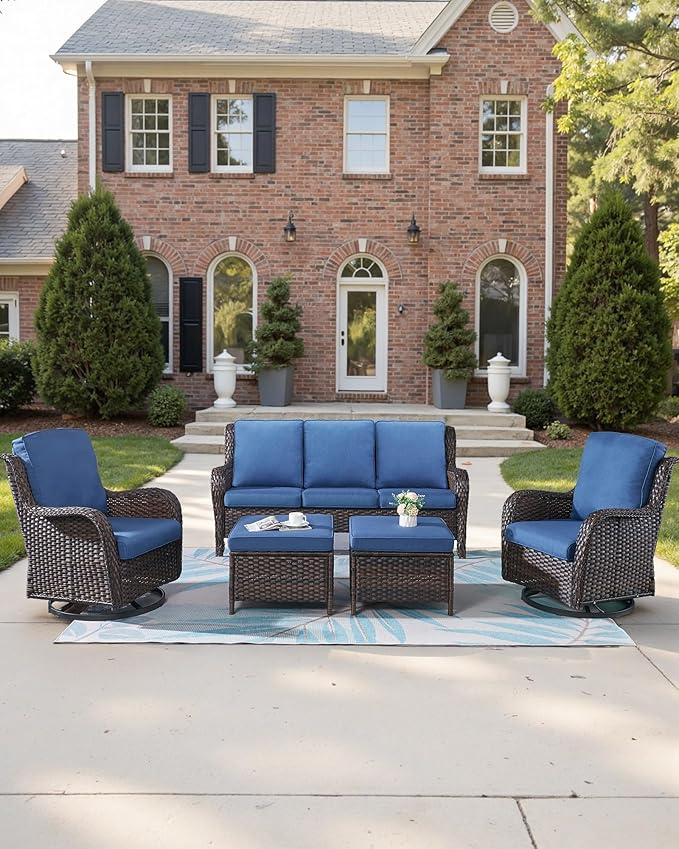 22x25/22x24 Outdoor Cushions for Patio Couch Chairs Set of 3 - High Back Comfy Outside Seat Cushions for Wicker Dining Rocker Glider Loveseat 3-Seater Sectional Sofa - Navy Blue/Classic