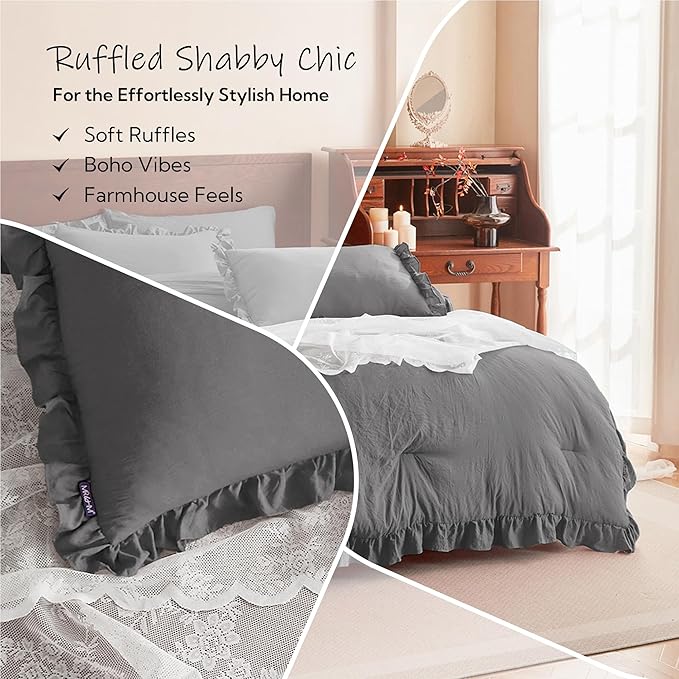MR&HM Ruffle Comforter Set, Queen Bedding Set 7 Pieces Dark Grey, Farmhouse Shabby Chic Bed Set, Boho Bed in a Bag with 1 Comforter, 1 Flat Sheet, 1 Fitted Sheet, 2 Pillowcases & 2 Pillow Shams