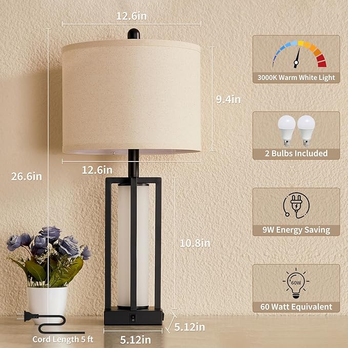 26.6" Farmhouse Table Lamps Set of 2, 3 Way Dimmable Touch Lamps, Modern Nightstand Bedside Lamps with Dual Light Control, USB A+C Ports & AC Outlet, Built-in Night Light for Bedroom End Table