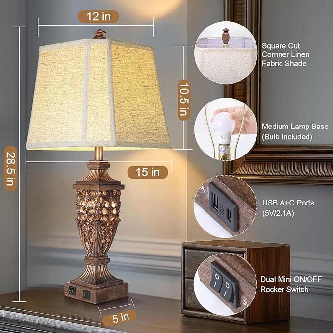 28.5" Vintage Bronze Table Lamps Set Of 2 with Night Light,Lamps for Nightstand with Beige Linen Cut Corner Shade,Bedside Lamp with USB A+C Ports for Bedrooms,Living Room,Office,Hotel(Bulb Included)