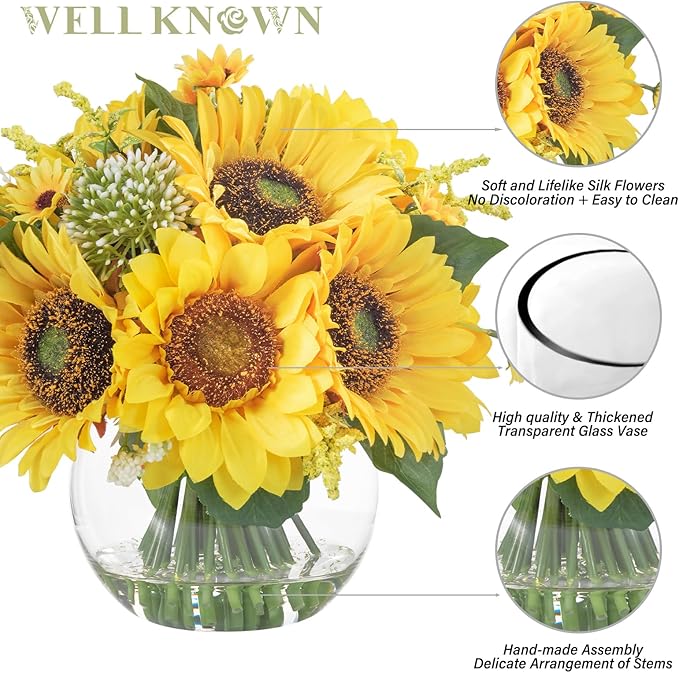 WELL KNOWN Sunflower Decor Arrangement as Table Centerpieces, Artificial Flowers in Vase for Home Decor Sunflower Centerpieces for Table and Kitchen Decor