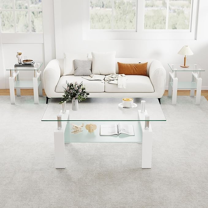 IANIYA 3 Piece Living Room Table Set, Modern Tempered Glass Coffee Table Set, Glass Coffee Table Black Metal Frame End Table for Living Room Apartment Small Space, White