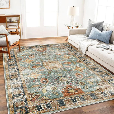 Area Rug 6'x9' Washable Vintage Traditional Distressed Thin Retro Kitchen Indoor Floor Cover Non Slip Carpet Floral Print Mat for Living Room Bedroom Dining Room
