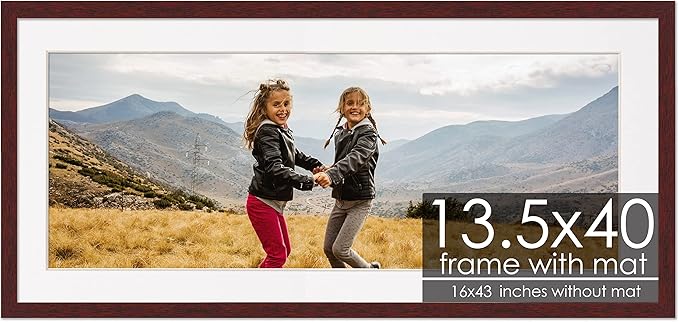 13.5x40 Frame with Mat - Brown 16x43 Frame Wood Made to Display Print or Poster Measuring 13.5 x 40 Inches with White Photo Mat
